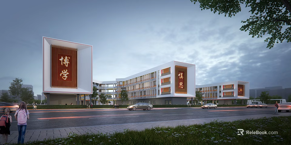Modern Multi Story School Buildings With Chinese Character Inscriptions And Green Plants Along Road 3d model 