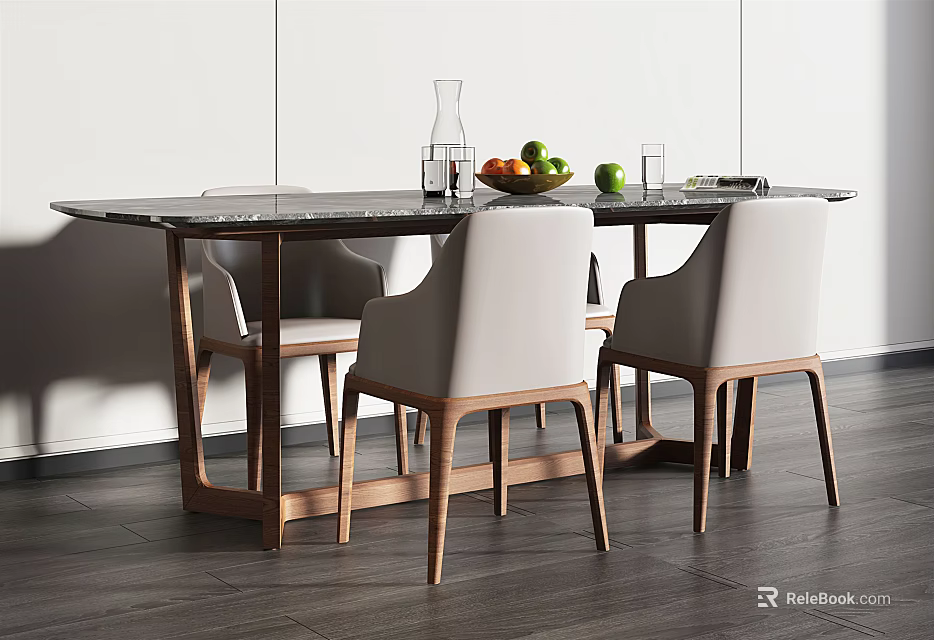 Modern Dining Table Set With Marble Top Chairs Fruit Bowl And Glasses 3d model