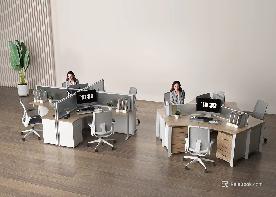 Modern Office Desks With Computers Clocks Plants And Office Chairs In Open Workstation Layout 3d model 