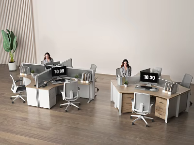 Modern Office Desks With Computers Clocks Plants And Office Chairs In Open Workstation Layout 3d model