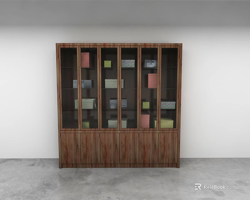 Wooden Wall Cabinet With Glass Doors And Colorful Boxes On White Wall Gray Floor 3d model 