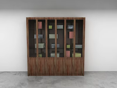 Wooden Wall Cabinet With Glass Doors And Colorful Boxes On White Wall Gray Floor 3d model