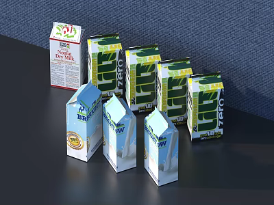 Assorted Milk Beverage Cartons Including UHT Milk BREW and LACTO on Table 3d model