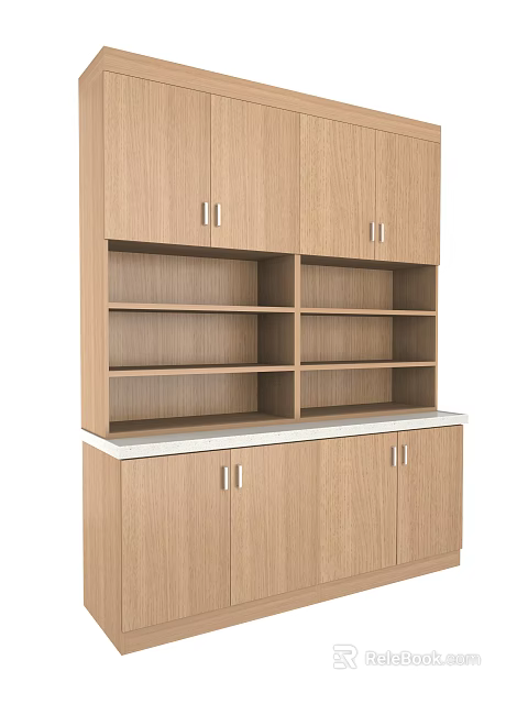 Wooden Cabinetry With Open Shelves Closed Cabinets And White Countertop 3d model 