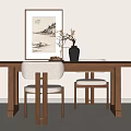 Modern Wooden Dining Table Set With White Brown Chairs Black Vase Dried Flowers Wall Art