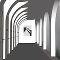 Hotel Lobby White Arched Corridor With Polished Floor Windows Green Plants And Wall Painting