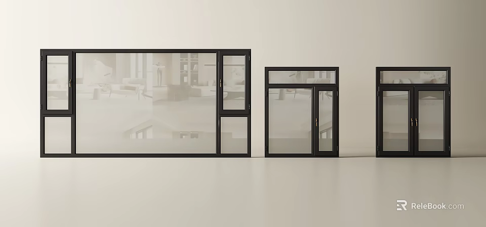 Modern Black Aluminum Casement Windows With Clear Glass In Three Sizes 3d model 
