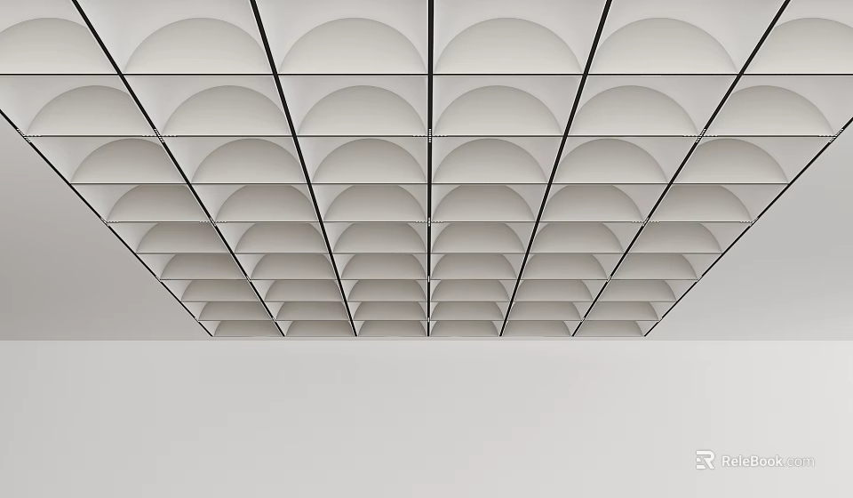 Modern White Suspended Ceiling Design With Grid Framework And Circular Recesses 3d model 