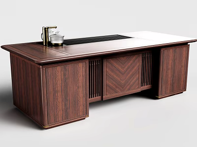 Wooden Dark Brown Tea Table with Cabinet Design and Black Tea Tray Area 3d model