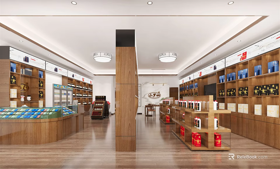 Modern Tobacco And Alcohol Store Interior With Wooden Shelves Product Displays And Bright Lighting 3d model 