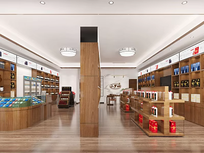 Modern Tobacco And Alcohol Store Interior With Wooden Shelves Product Displays And Bright Lighting 3d model