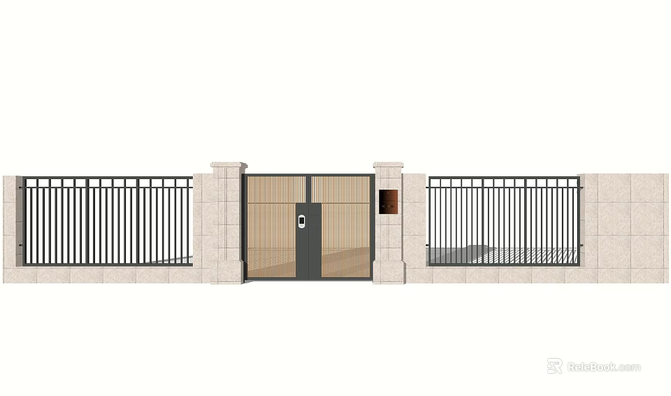 Modern Entrance Gate With Iron Fence Stone Pillars And Glass Panel 3d model 