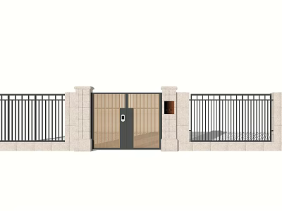 Modern Entrance Gate With Iron Fence Stone Pillars And Glass Panel 3d model
