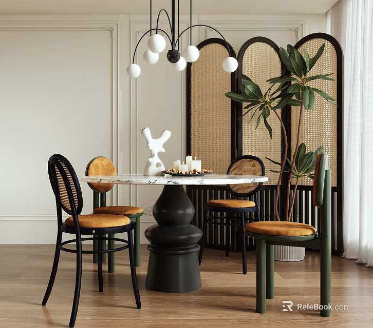 Modern Dining Table Set With Curved Chairs Rattan Screen Pendant Lights And Indoor Plant 3d model 