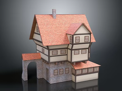 Cartoon Style Two Story House With Red Tiled Roof Arched Doorway And Stone Walls 3d model