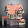 Cartoon Style Two Story House With Red Tiled Roof Arched Doorway And Stone Walls