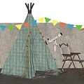 Green Plaid Teepee Tent With Colorful Triangular Flags Telescope And Folding Chair By Gray Wall