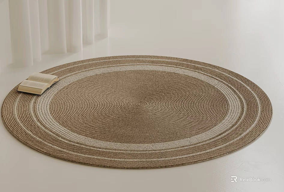 Round Woven Carpet With Neutral Tones On Light Colored Floor Near Curtains And Open Book 3d model 