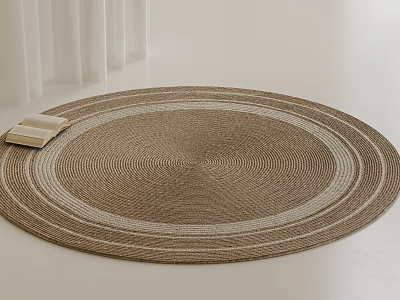 Round Woven Carpet With Neutral Tones On Light Colored Floor Near Curtains And Open Book 3d model
