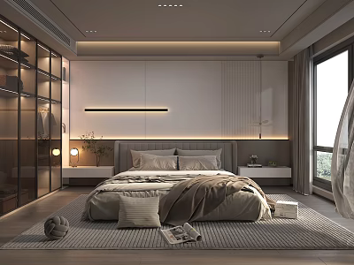 Modern Minimalist Bedroom Interior With Soft Lighting Glass Wardrobe And Comfortable Bedding 3d model