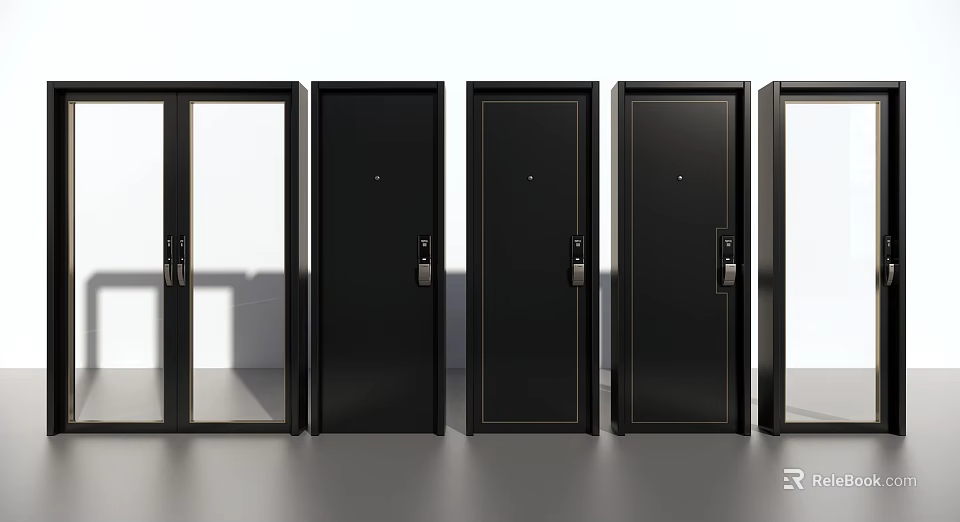 Modern Black Security Doors With Glass Panel Metal Lock And Various Designs 3d model