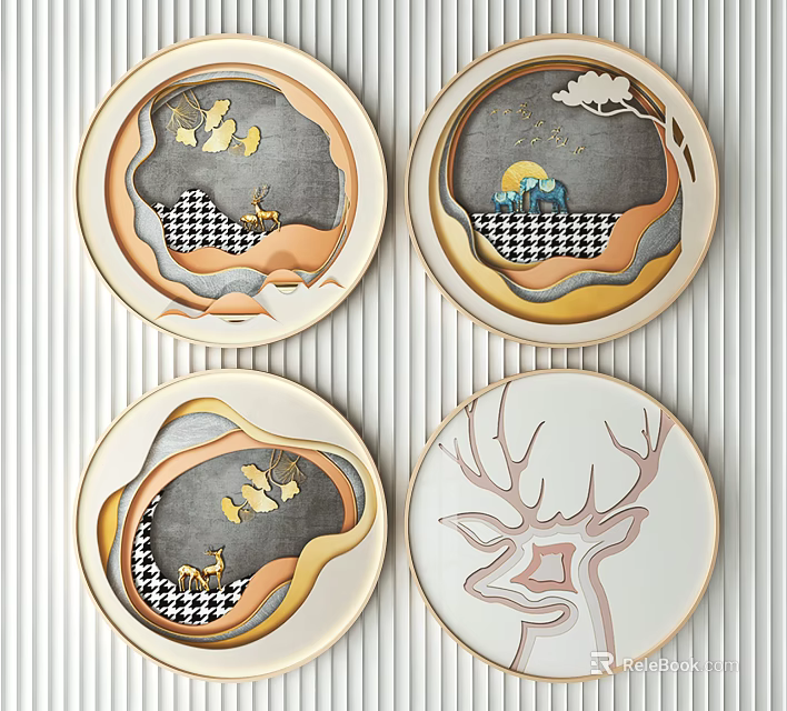 Golden Framed Round Paintings Featuring Deer Moon Tree And Checker Patterns 3d model 