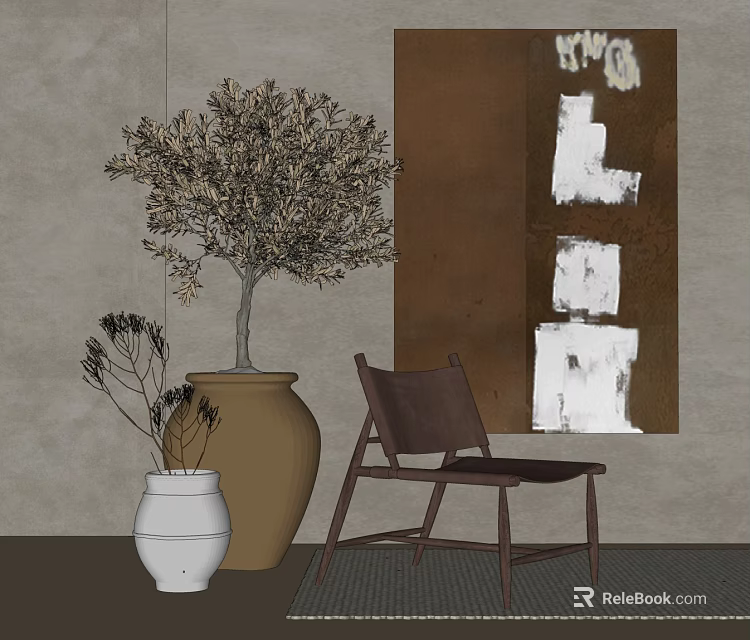 Brown Leisure Chair With Olive Tree In Terracotta Pot And White Vase Near Neutral Wall 3d model 