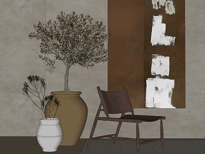Brown Leisure Chair With Olive Tree In Terracotta Pot And White Vase Near Neutral Wall 3d model