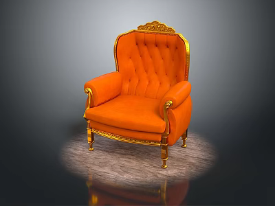 Elegant Orange Armchair with Gold Accents and Ornate Backrest Design 3d model