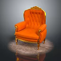 Elegant Orange Armchair with Gold Accents and Ornate Backrest Design