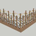 Decorative Wooden Fence With Ropes Wrapped Posts And Yellow String Lights 3d model