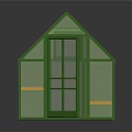 Green Frame Glass Greenhouse With Open Door And Wooden Benches Interior