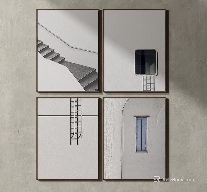 Four Square Artworks With Architectural Elements Staircase Window And Ladder On Decorative Wall 3d model