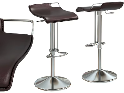 Modern Bar Stools With Brown Leather Seats And Adjustable Chrome Metal Bases 3d model