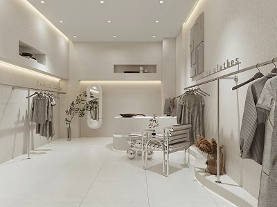 Minimalist Clothing Store Interior With Hanging Clothes Mirror Display Table And Plants 3d model