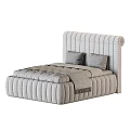 Modern Bed Design With Tufted Headboard Beige Fabric Brown Pillows And Gray Blanket