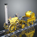 Yellow Steam Train Model With Large Wheels Chimney And Tanker Car On Railway Tracks