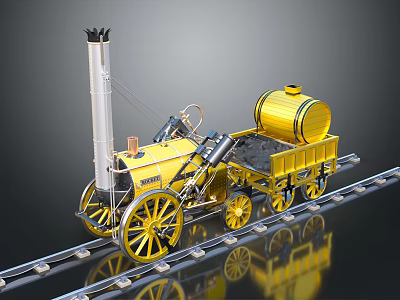 Yellow Steam Train Model With Large Wheels Chimney And Tanker Car On Railway Tracks 3d model
