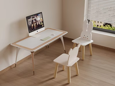 Cute Children's Desk with Rabbit Ear Chairs and Computer in Kids Room 3d model