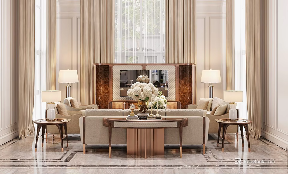 Elegant Modern Living Room Interior With Sofa Coffee Table And Floor Lamps 3d model 