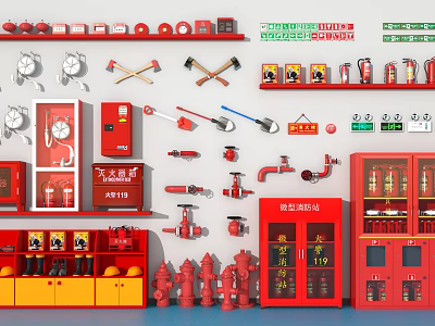 Essential Fire Fighting Equipment Collection Featuring Extinguishers Hydrants Axes Storage Cabinets And Signs 3d model