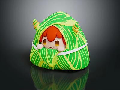 Cute Game Movie Character Wrapped in Green Leaf with Red Hair and Yellow Horns 3d model
