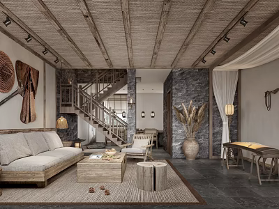 Rustic Living Room Interior With Wooden Ceiling Linen Sofa Stone Wall And Staircase Decor 3d model