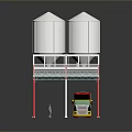 Truck Parked Under Metal Framework With Two White Silos In Industrial Area