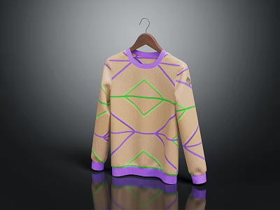 Beige Sweater With Purple Trim Green Geometric Patterns On Wooden Hanger And Reflection 3d model