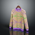 Beige Sweater With Purple Trim Green Geometric Patterns On Wooden Hanger And Reflection