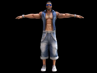 Muscular Man Wearing Denim Vest Shorts Sunglasses Tattoos Sneakers Arms Outstretched 3d model