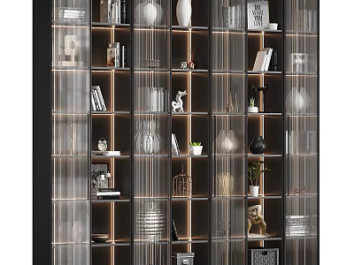 Modern Glass Bookcase With Wooden Frame Open Shelves And Decorative Items 3d model