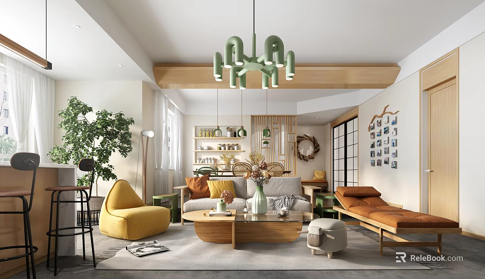 Modern Dining and Living Room Interior With Green Chandelier Sofa Yellow Chair And Coffee Table 3d model 