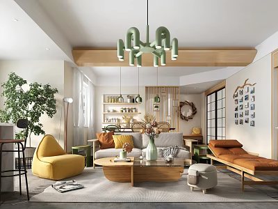 Modern Dining and Living Room Interior With Green Chandelier Sofa Yellow Chair And Coffee Table 3d model